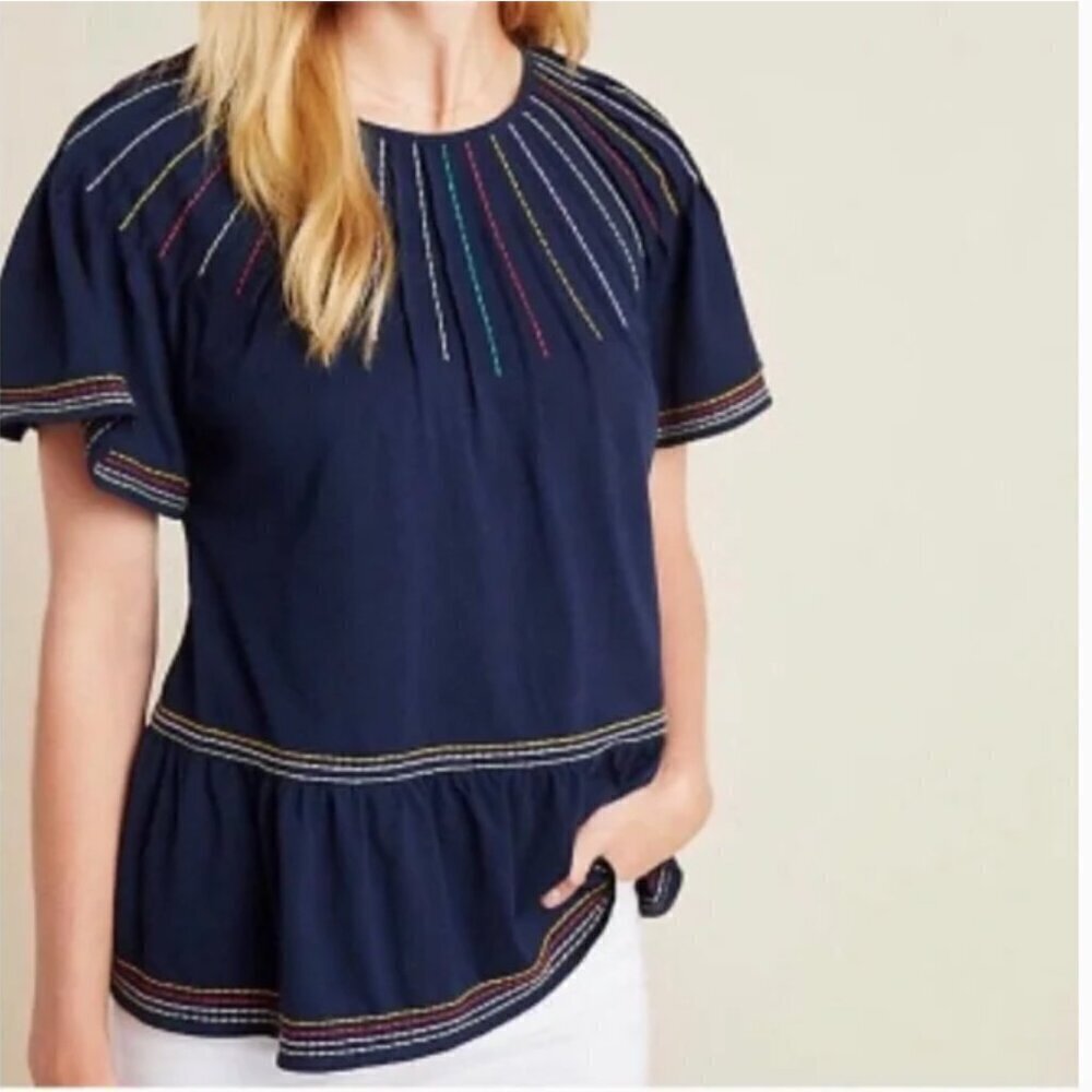 Maeve by Anthropologie Blue Chamonix Embroidered Swing Top Size M